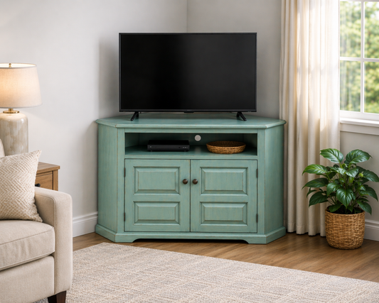 Poplar Tall Curve Corner TV Stand – Solid Wood Corner Entertainment Center (Made in USA)