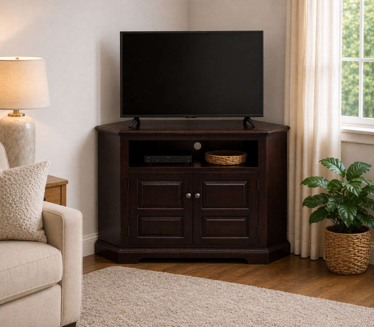 Poplar Tall Curve Corner TV Stand – Solid Wood Corner Entertainment Center (Made in USA)