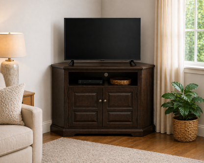 Poplar Tall Curve Corner TV Stand – Solid Wood Corner Entertainment Center (Made in USA)