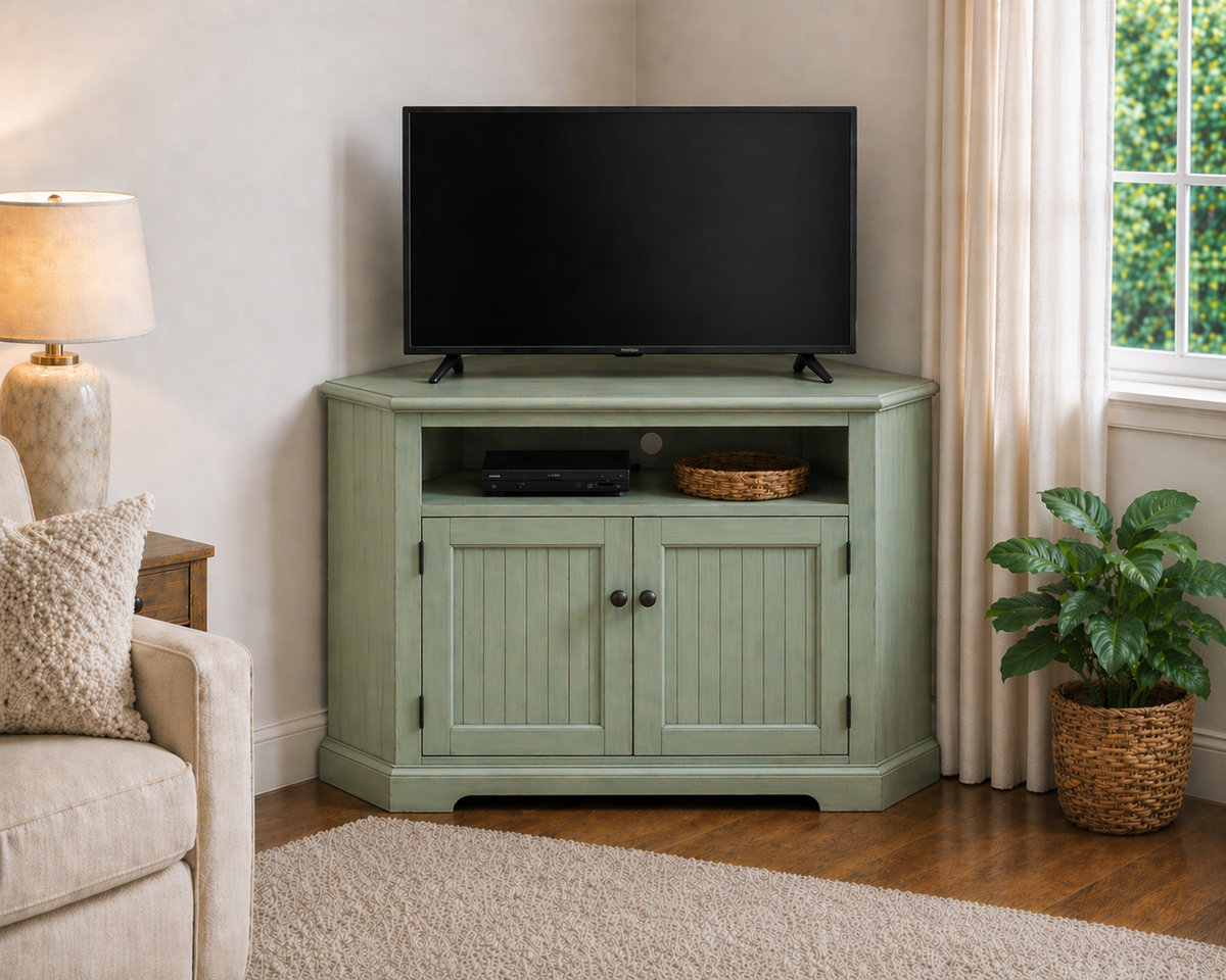 Poplar Tall Curve Corner TV Stand – Solid Wood Corner Entertainment Center (Made in USA)
