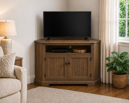 Poplar Tall Curve Corner TV Stand – Solid Wood Corner Entertainment Center (Made in USA)