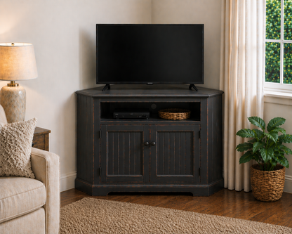 Poplar Tall Curve Corner TV Stand – Solid Wood Corner Entertainment Center (Made in USA)