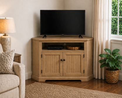 Poplar Tall Curve Corner TV Stand – Solid Wood Corner Entertainment Center (Made in USA)