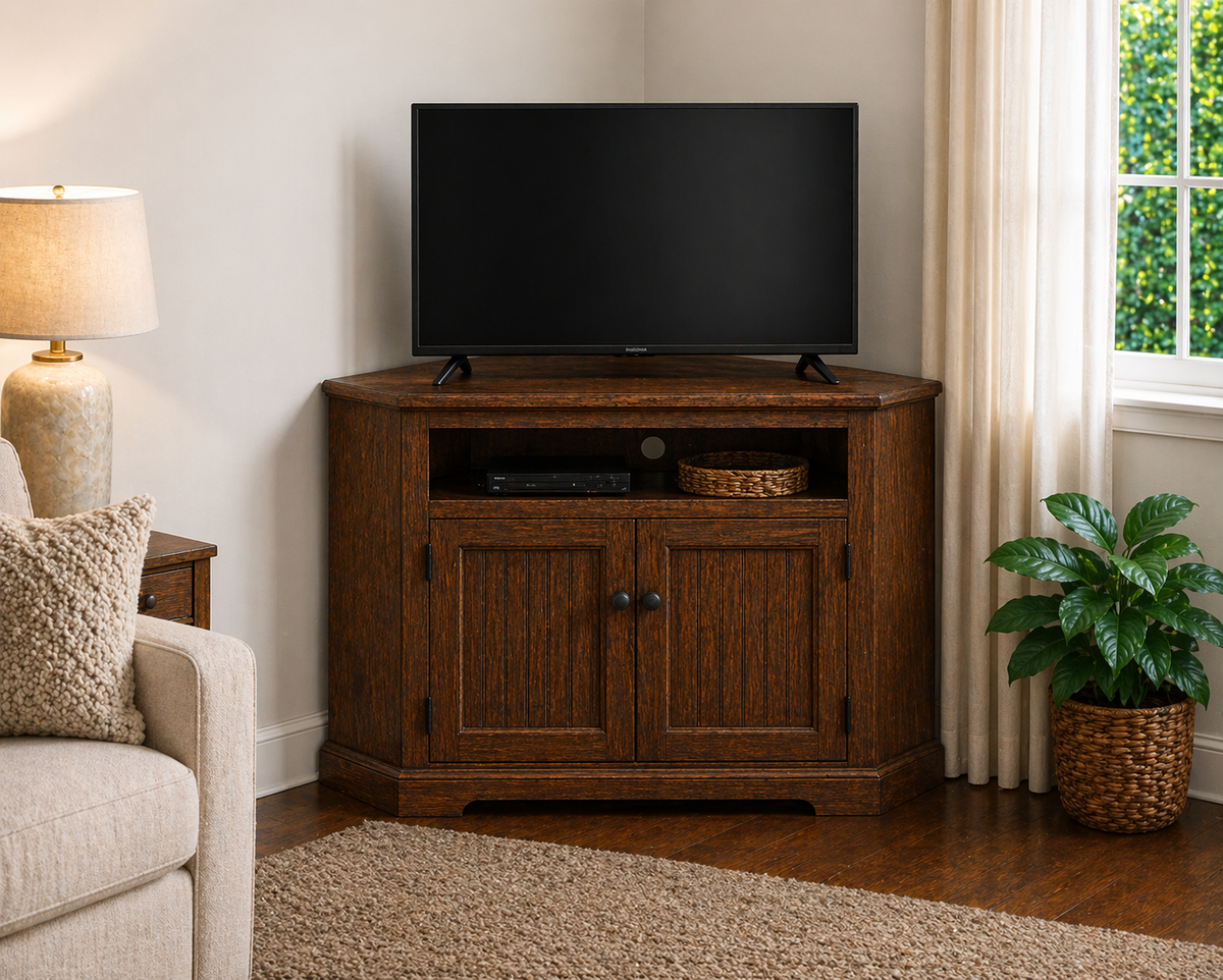 Poplar Tall Curve Corner TV Stand – Solid Wood Corner Entertainment Center (Made in USA)