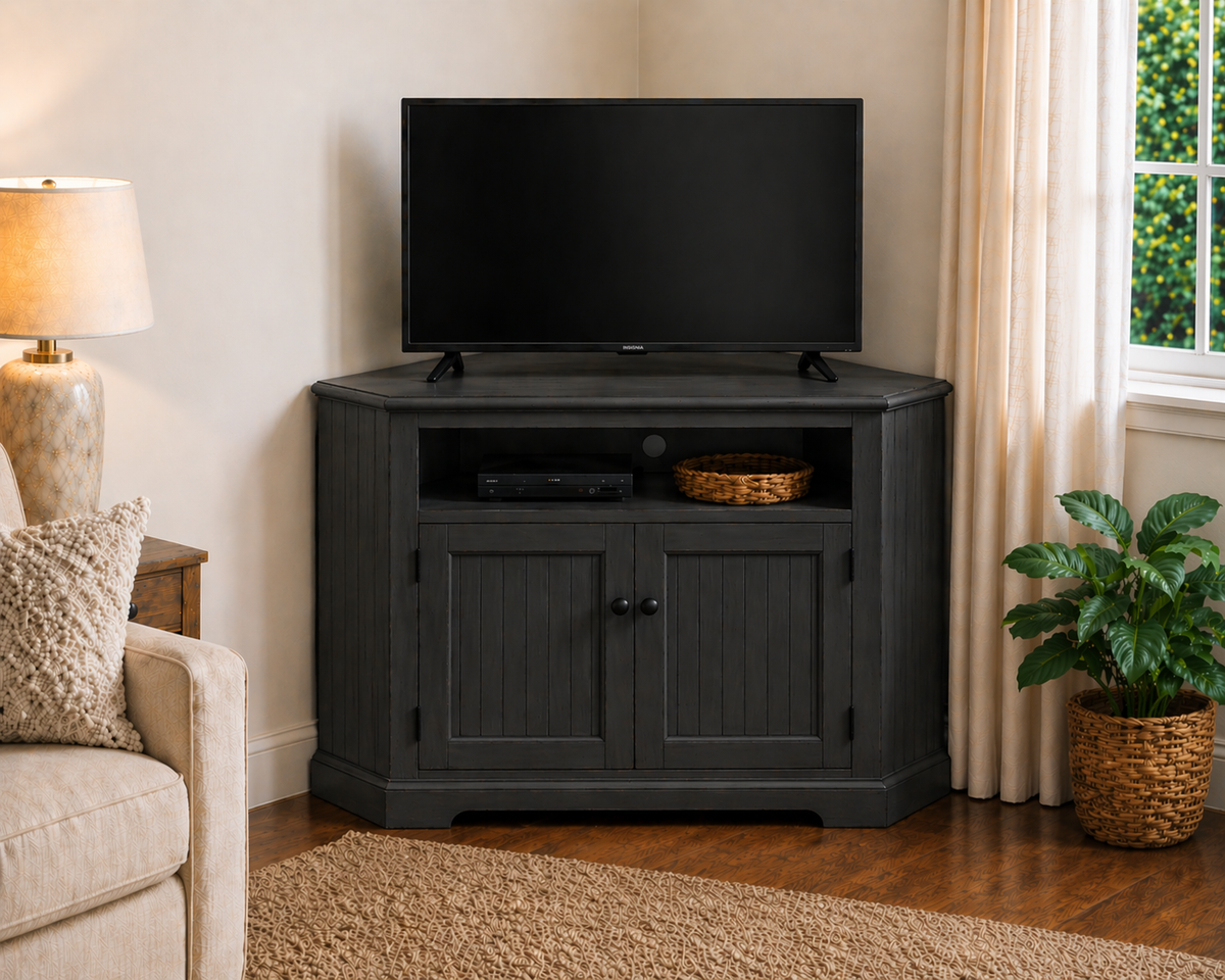 Poplar Tall Curve Corner TV Stand – Solid Wood Corner Entertainment Center (Made in USA)