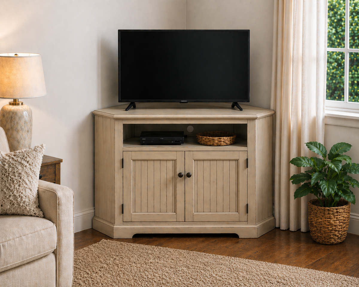 Poplar Tall Curve Corner TV Stand – Solid Wood Corner Entertainment Center (Made in USA)
