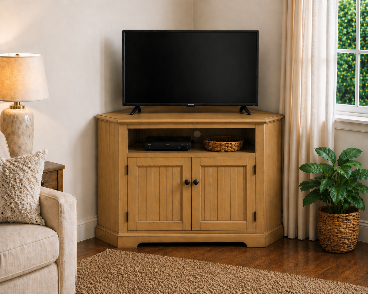 Poplar Tall Curve Corner TV Stand – Solid Wood Corner Entertainment Center (Made in USA)