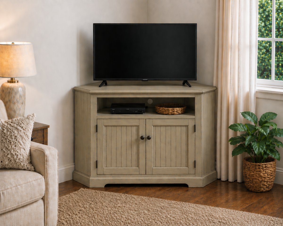 Poplar Tall Curve Corner TV Stand – Solid Wood Corner Entertainment Center (Made in USA)