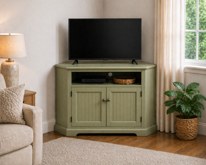 Poplar Tall Curve Corner TV Stand – Solid Wood Corner Entertainment Center (Made in USA)