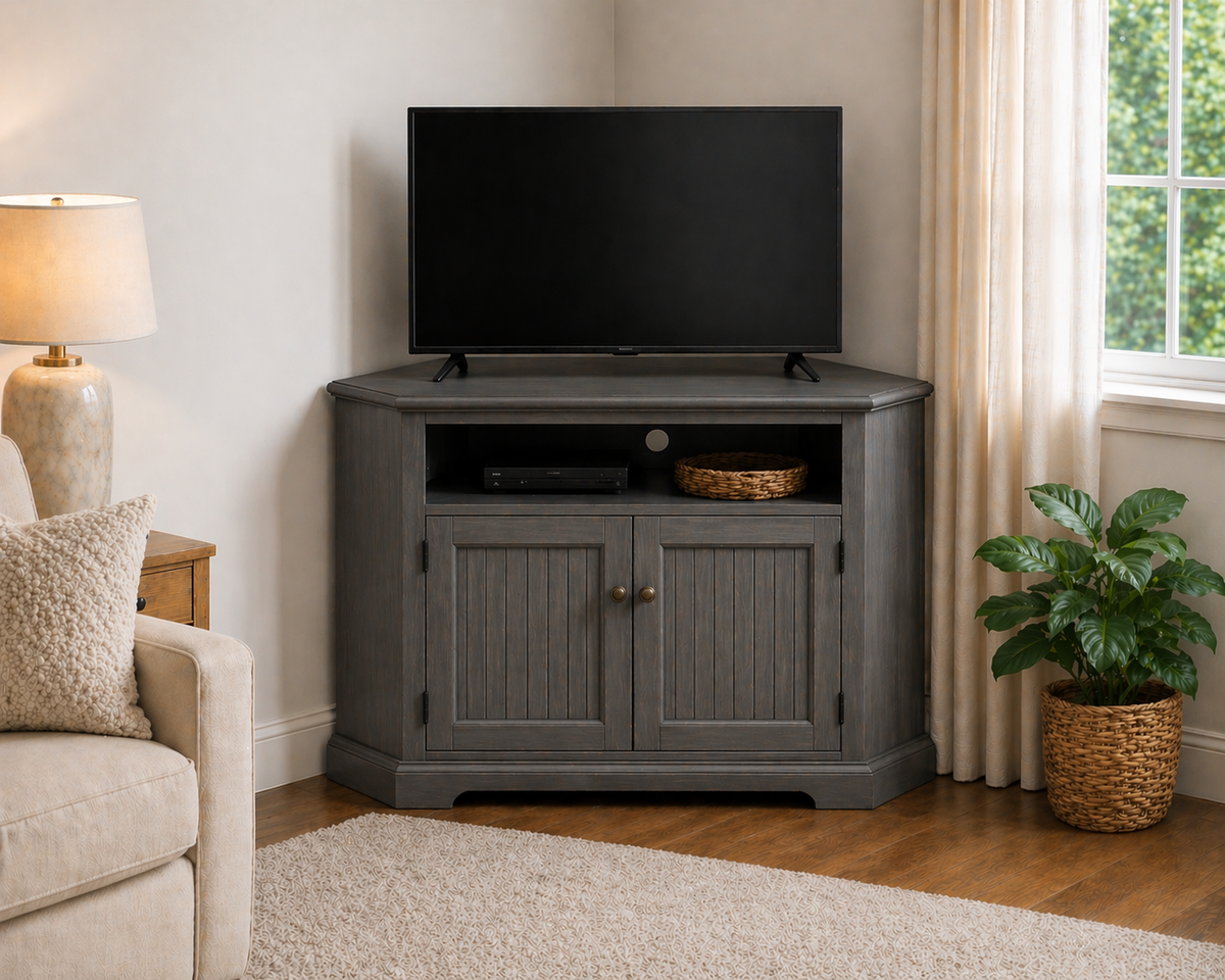 Poplar Tall Curve Corner TV Stand – Solid Wood Corner Entertainment Center (Made in USA)
