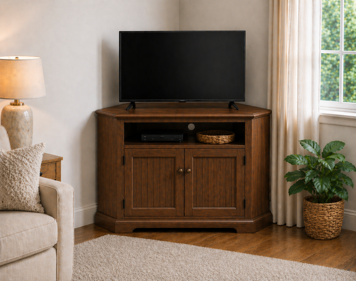 Poplar Tall Curve Corner TV Stand – Solid Wood Corner Entertainment Center (Made in USA)