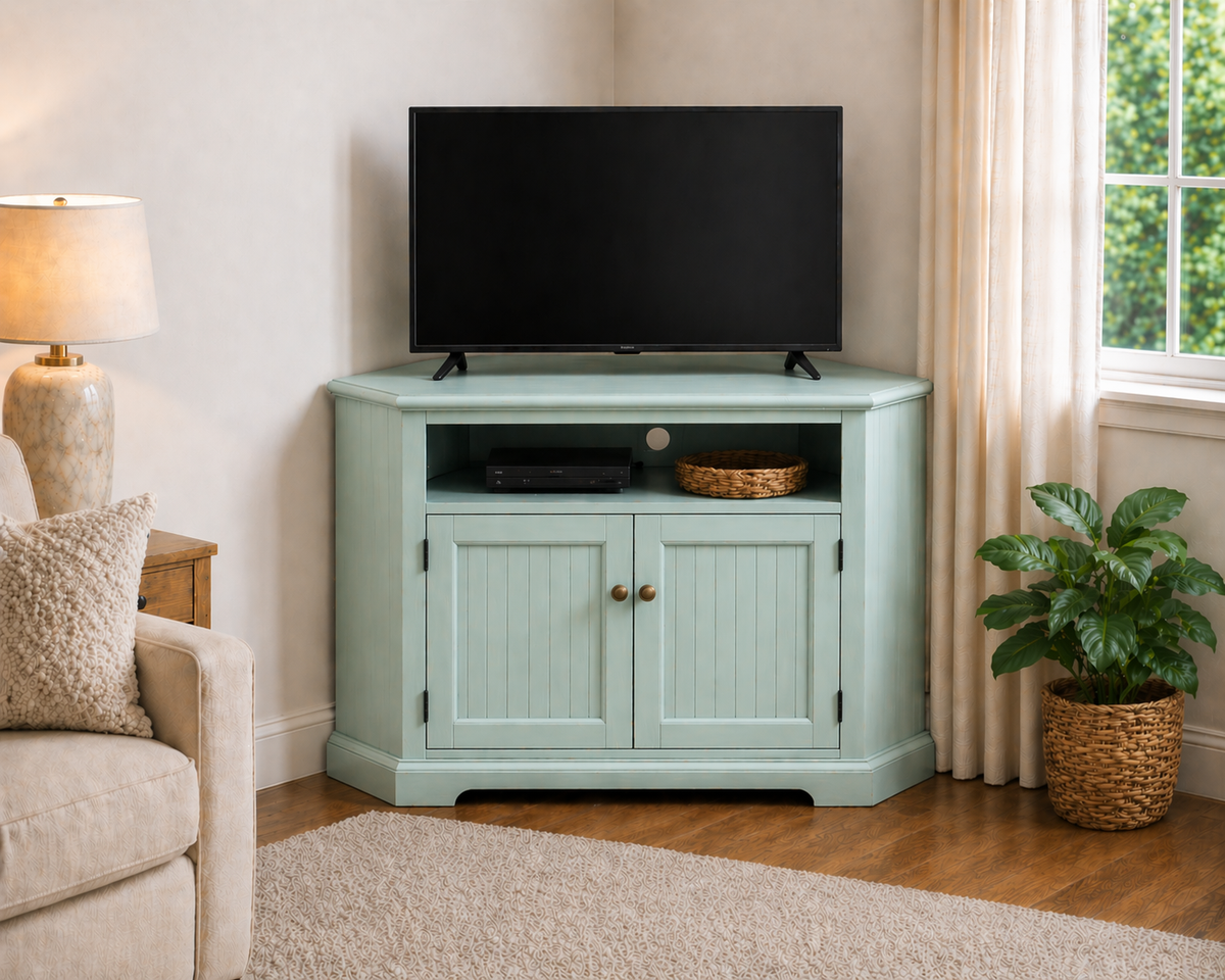 Poplar Tall Curve Corner TV Stand – Solid Wood Corner Entertainment Center (Made in USA)