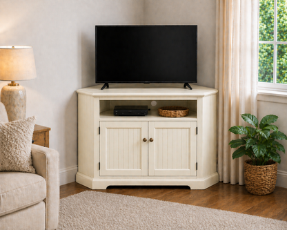 Poplar Tall Curve Corner TV Stand – Solid Wood Corner Entertainment Center (Made in USA)