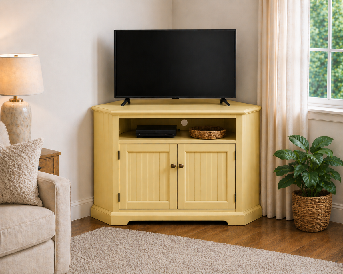 Poplar Tall Curve Corner TV Stand – Solid Wood Corner Entertainment Center (Made in USA)