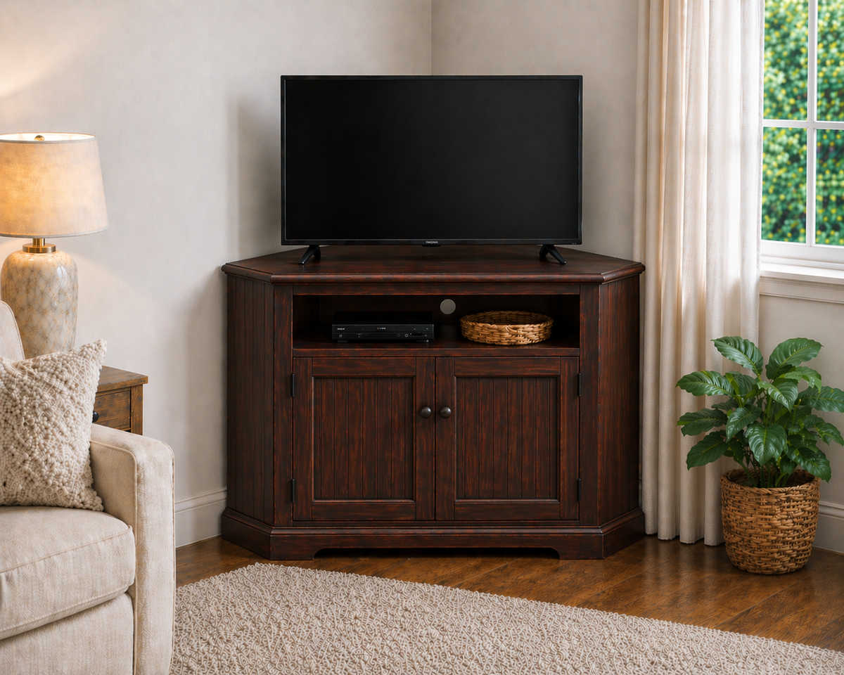 Poplar Tall Curve Corner TV Stand – Solid Wood Corner Entertainment Center (Made in USA)