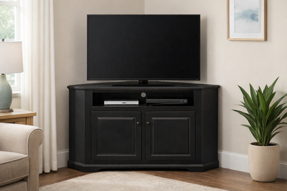 Poplar Curve Corner TV Stand – Solid Wood Corner Entertainment Center (Made in USA)