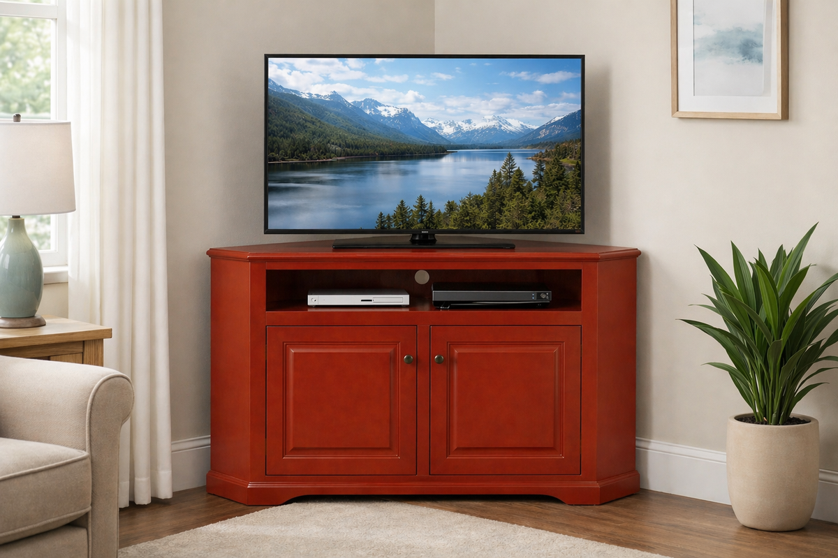 Poplar Curve Corner TV Stand – Solid Wood Corner Entertainment Center (Made in USA)