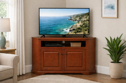 Poplar Curve Corner TV Stand – Solid Wood Corner Entertainment Center (Made in USA)