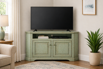 Poplar Curve Corner TV Stand – Solid Wood Corner Entertainment Center (Made in USA)