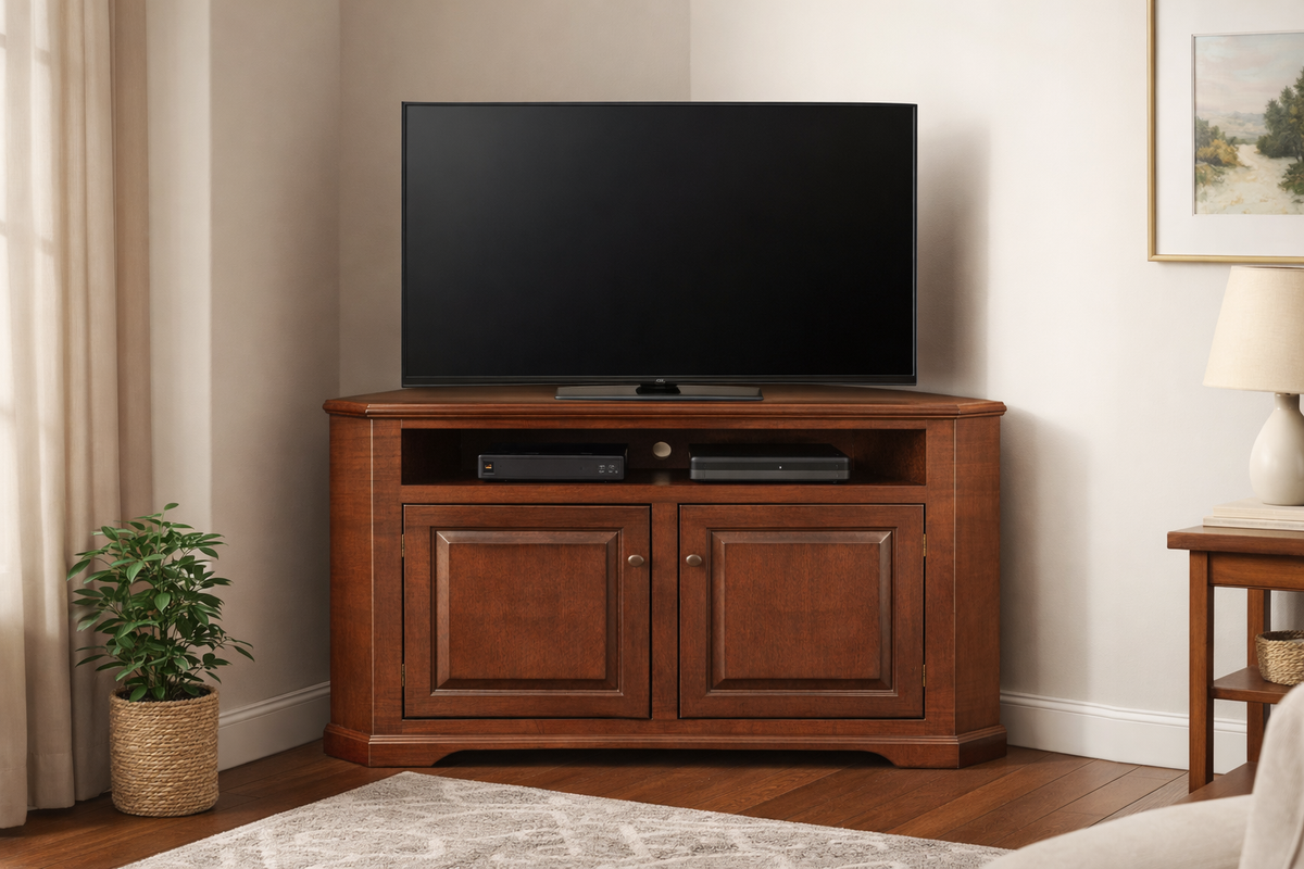 Poplar Curve Corner TV Stand – Solid Wood Corner Entertainment Center (Made in USA)