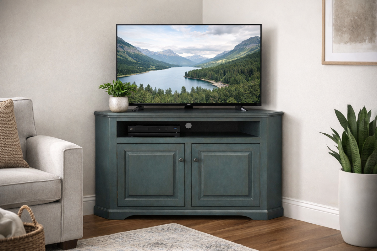 Poplar Curve Corner TV Stand – Solid Wood Corner Entertainment Center (Made in USA)