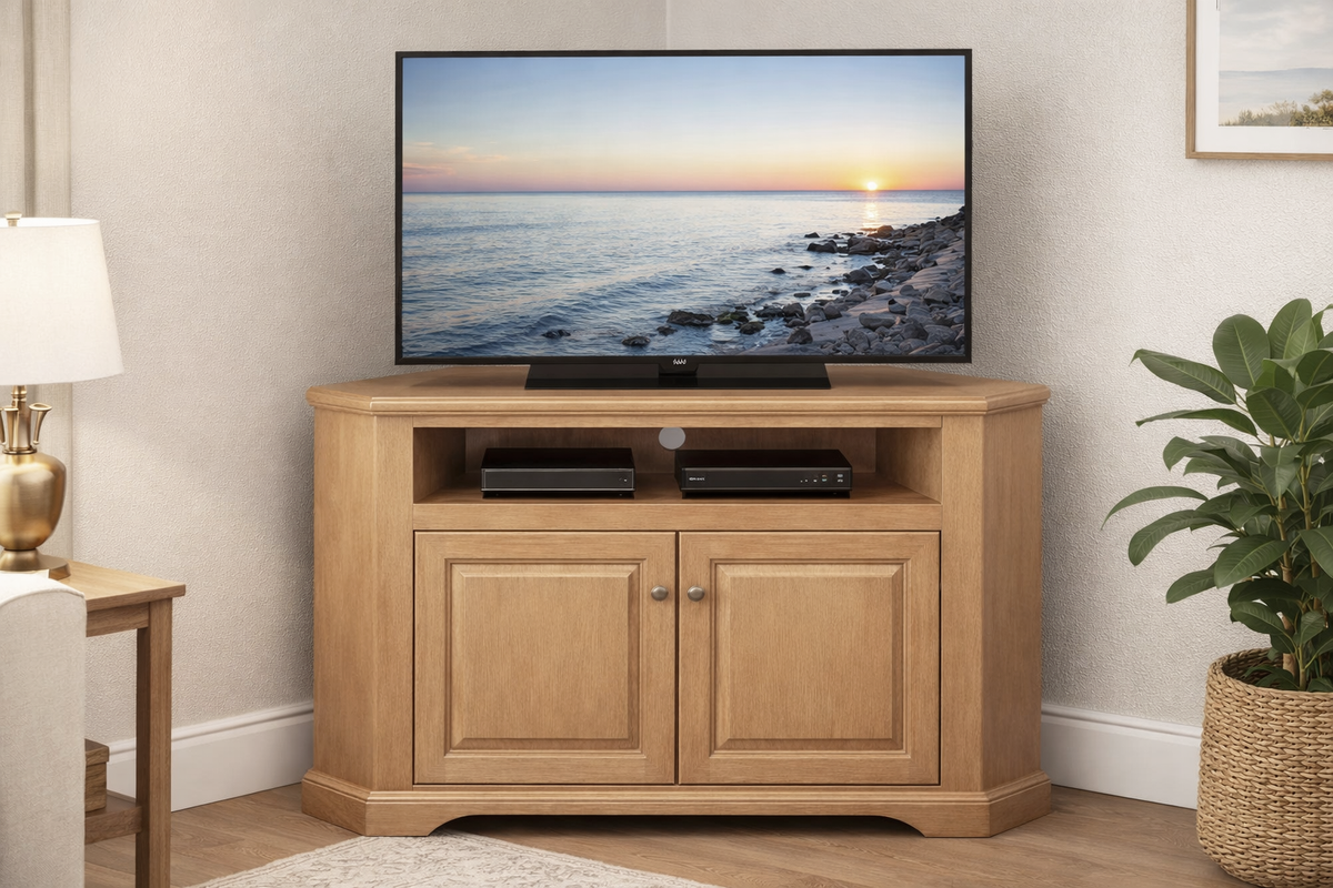 Poplar Curve Corner TV Stand – Solid Wood Corner Entertainment Center (Made in USA)