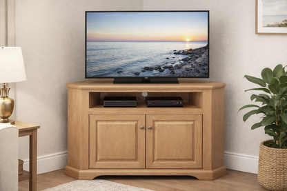 Poplar Curve Corner TV Stand – Solid Wood Corner Entertainment Center (Made in USA)