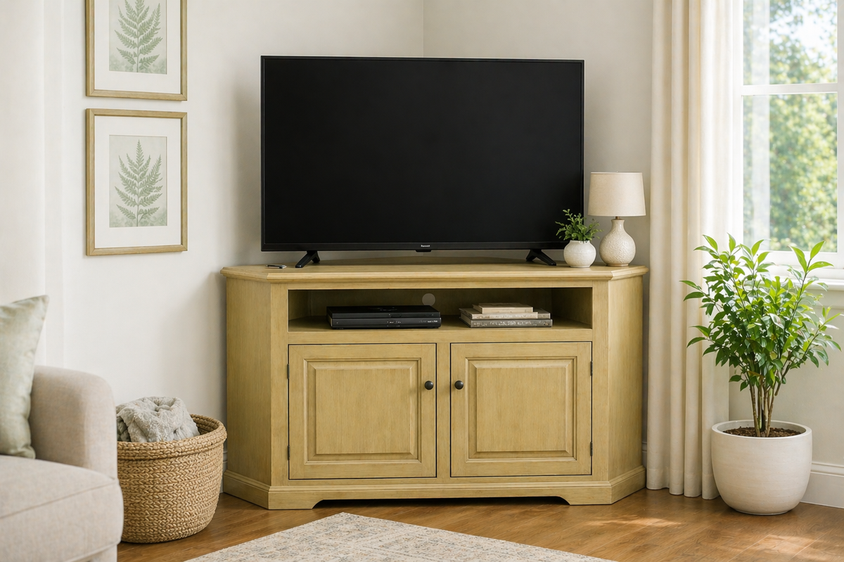 Poplar Curve Corner TV Stand – Solid Wood Corner Entertainment Center (Made in USA)