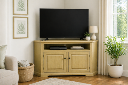 Poplar Curve Corner TV Stand – Solid Wood Corner Entertainment Center (Made in USA)