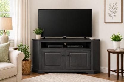 Poplar Curve Corner TV Stand – Solid Wood Corner Entertainment Center (Made in USA)