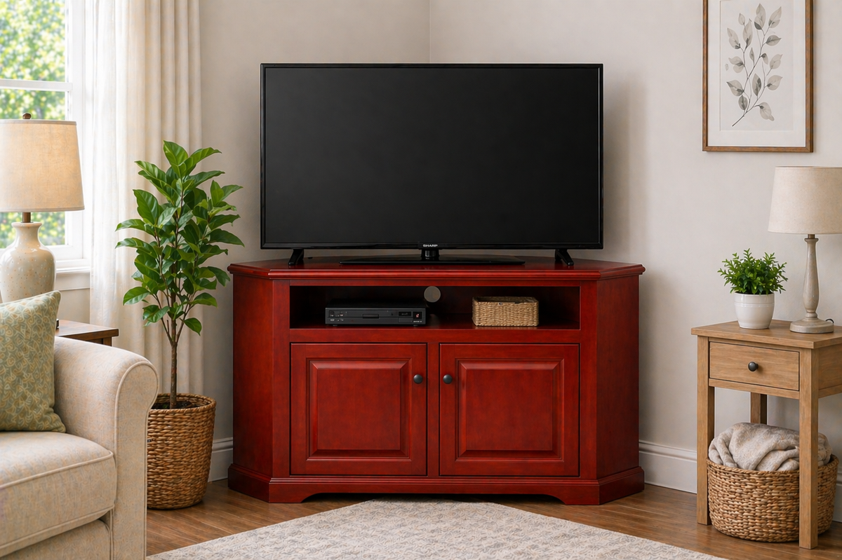 Poplar Curve Corner TV Stand – Solid Wood Corner Entertainment Center (Made in USA)