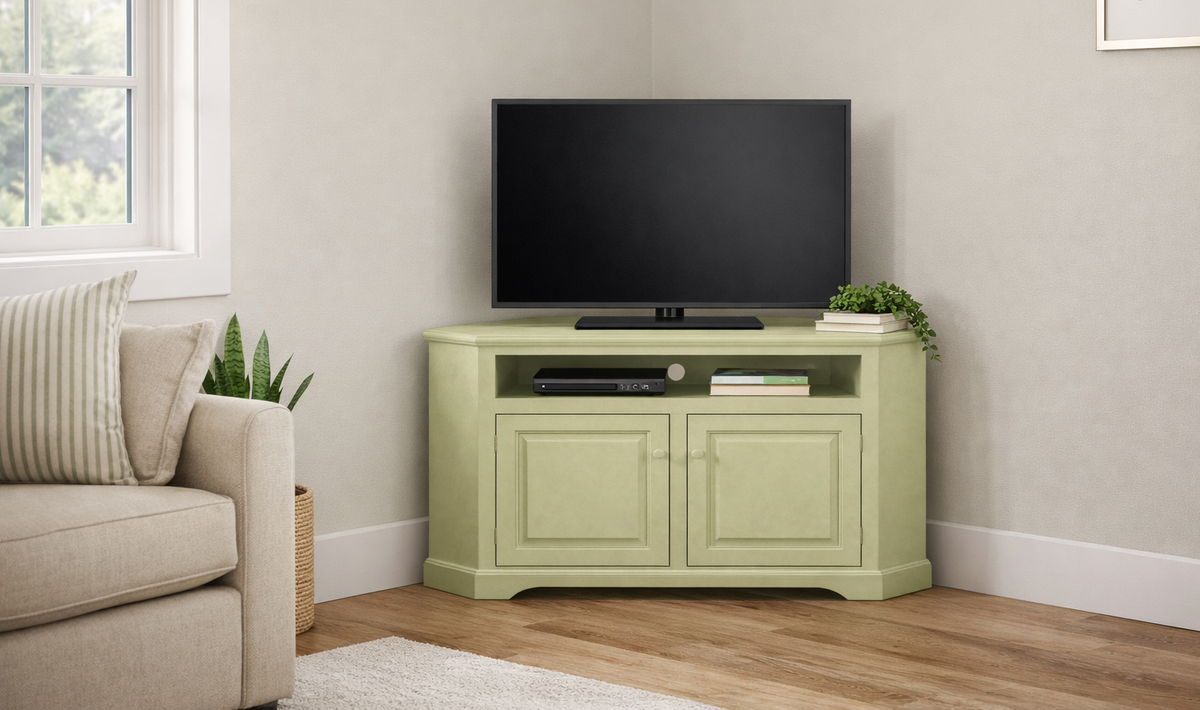 Poplar Curve Corner TV Stand – Solid Wood Corner Entertainment Center (Made in USA)