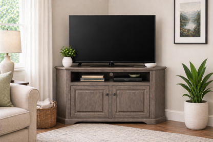 Poplar Curve Corner TV Stand – Solid Wood Corner Entertainment Center (Made in USA)