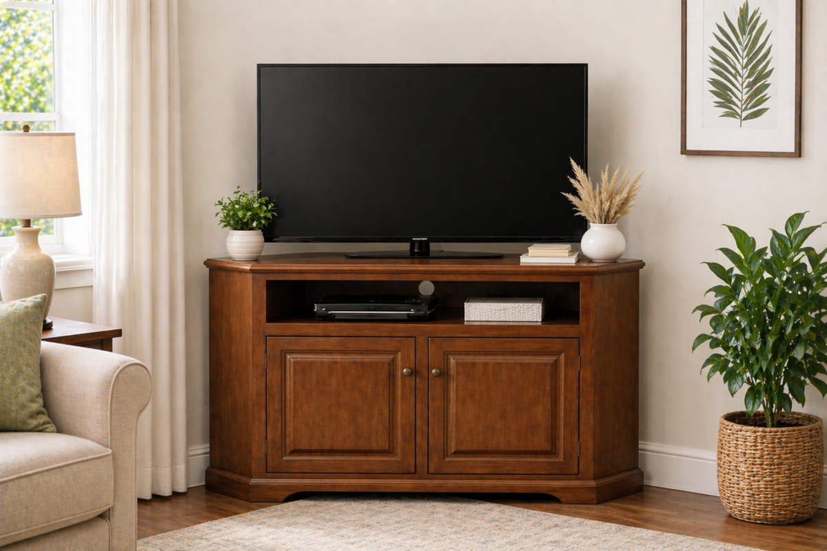 Poplar Curve Corner TV Stand – Solid Wood Corner Entertainment Center (Made in USA)