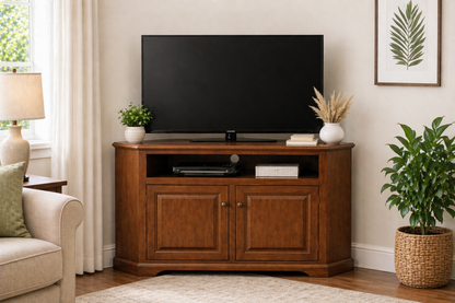 Poplar Curve Corner TV Stand – Solid Wood Corner Entertainment Center (Made in USA)