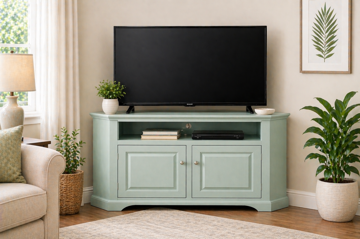 Poplar Curve Corner TV Stand – Solid Wood Corner Entertainment Center (Made in USA)