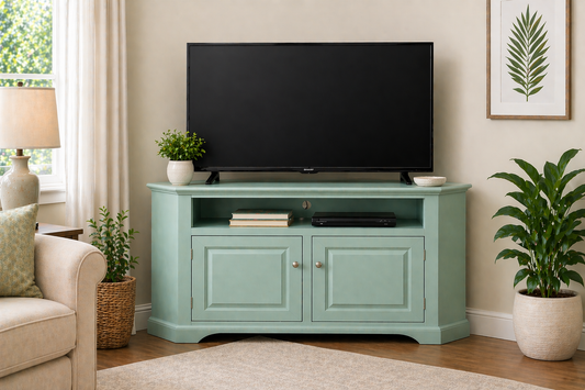 Poplar Curve Corner TV Stand – Solid Wood Corner Entertainment Center (Made in USA)