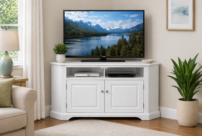 Poplar Curve Corner TV Stand – Solid Wood Corner Entertainment Center (Made in USA)