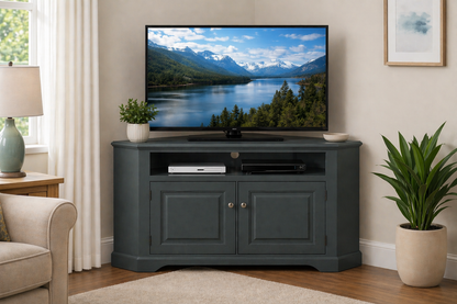Poplar Curve Corner TV Stand – Solid Wood Corner Entertainment Center (Made in USA)