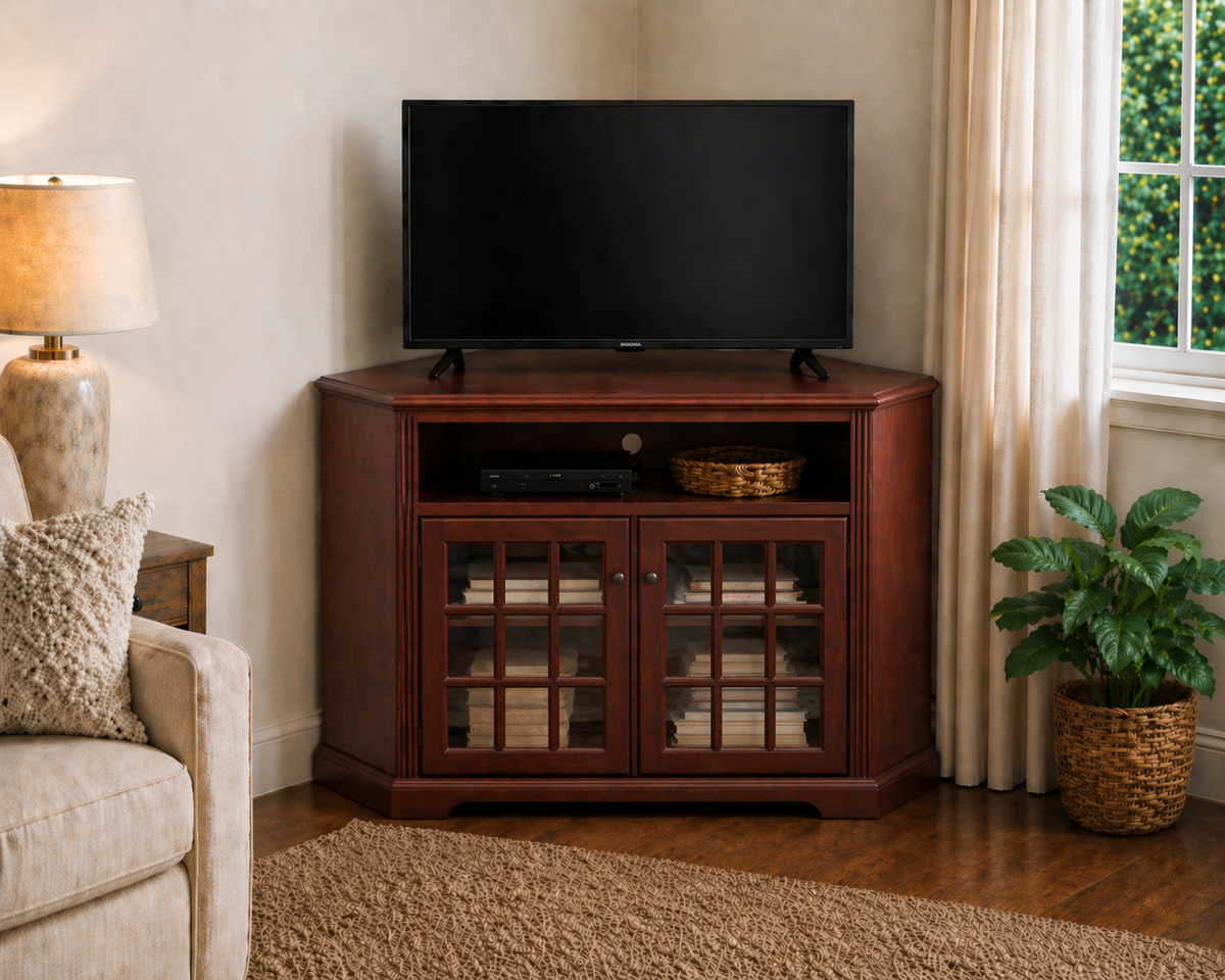 Oak Tall Curve Corner TV Stand – Solid Wood Corner Entertainment Center (Made in USA)
