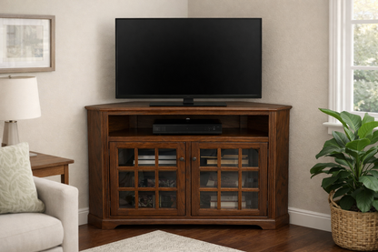 Oak Tall Curve Corner TV Stand – Solid Wood Corner Entertainment Center (Made in USA)