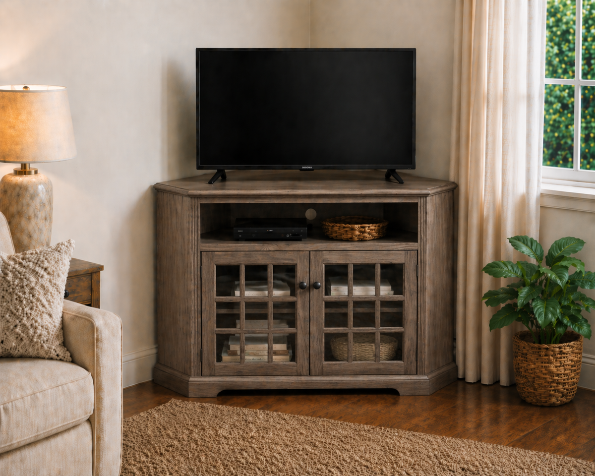 Oak Tall Curve Corner TV Stand – Solid Wood Corner Entertainment Center (Made in USA)