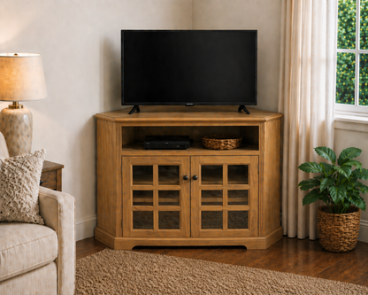 Oak Tall Curve Corner TV Stand – Solid Wood Corner Entertainment Center (Made in USA)